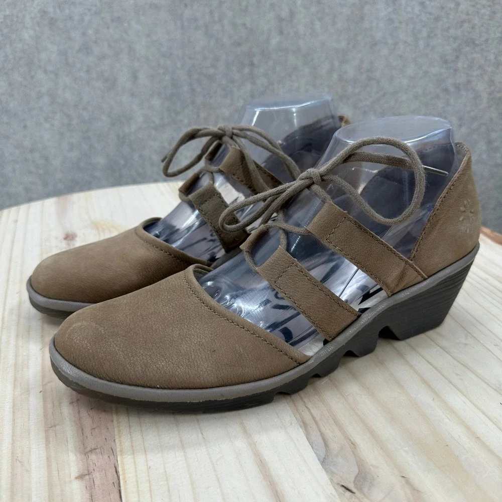 Fly London Poma Wedge Lace Up Sandals 9-9.5 Brown Leather Caged
